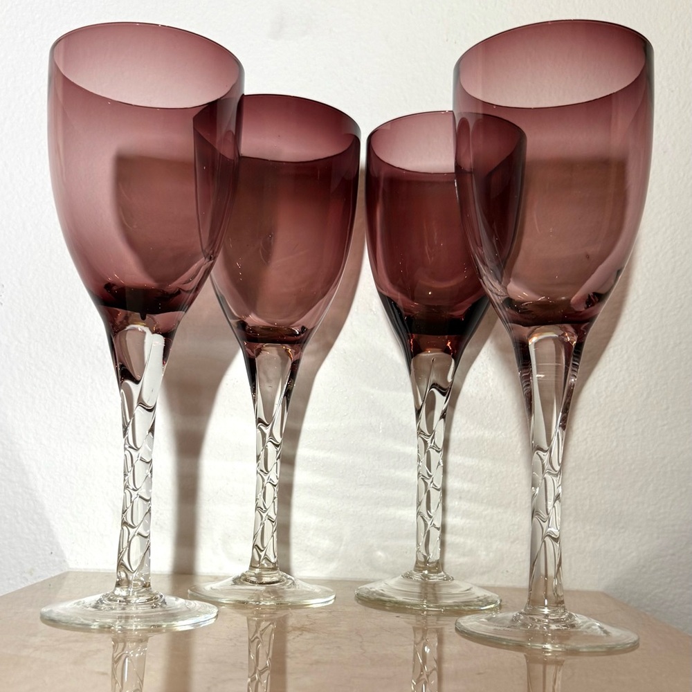 4 Pier 1 Amethyst, twisted stem wine glasses. 12oz